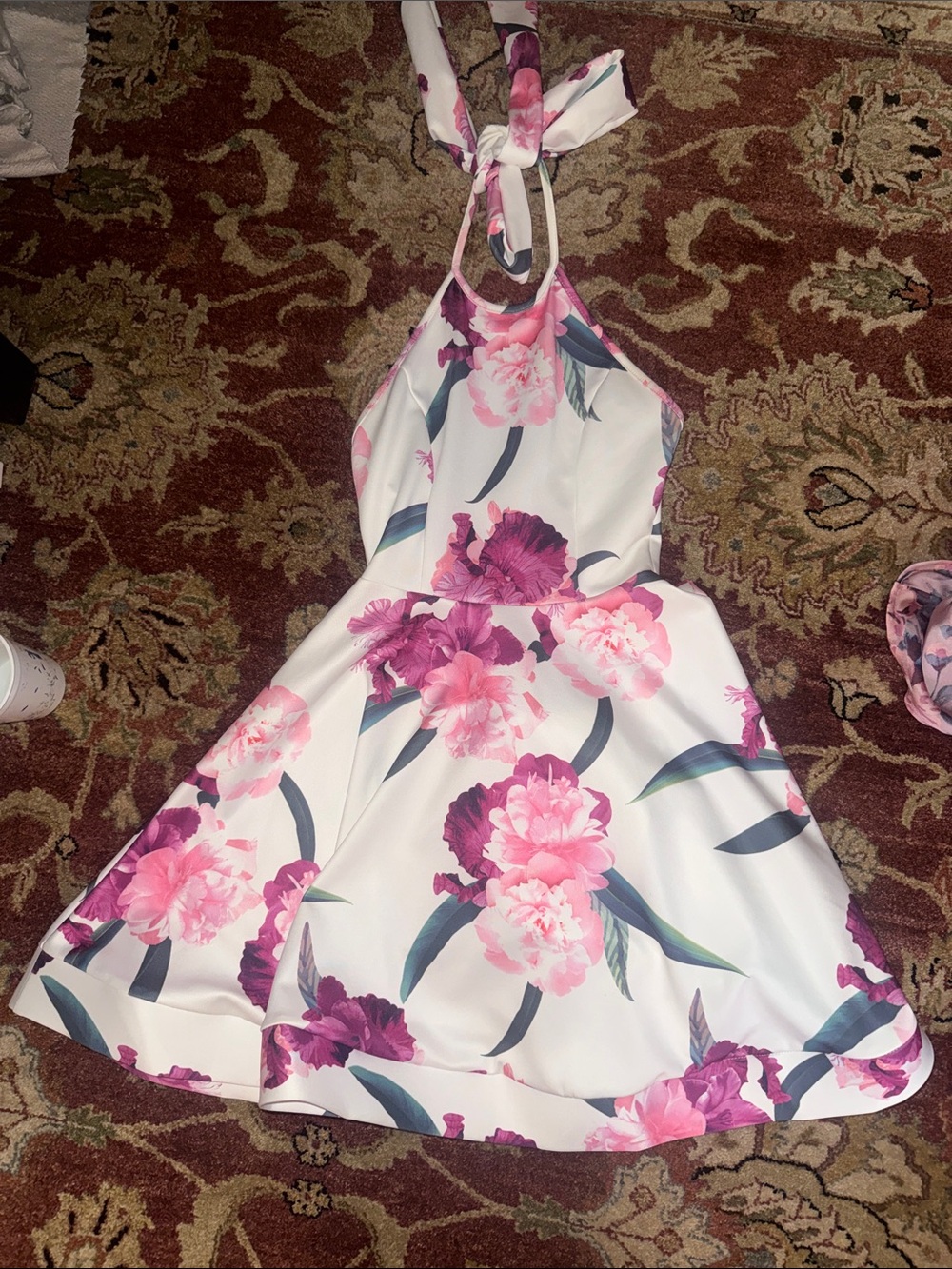 White Floral Halter Fit-and-Flare Dress with Pink & Magenta Blooms